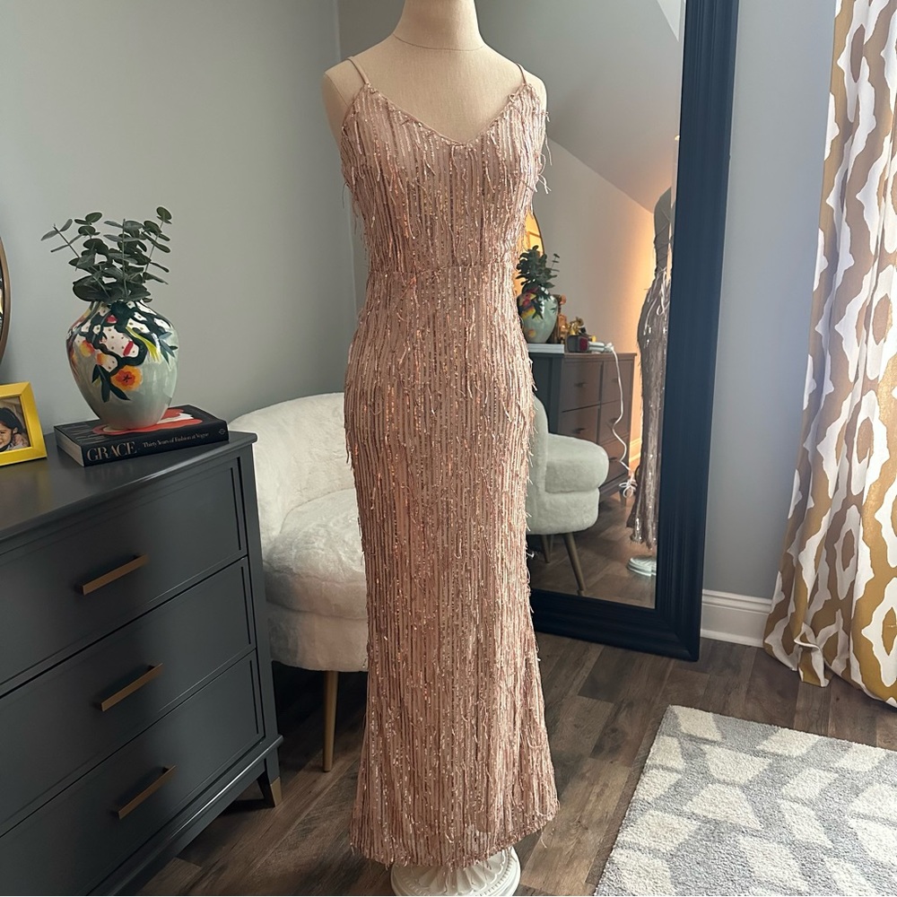 Lulus Rose Gold Sequin Fringe Lace-up Maxi Dress
